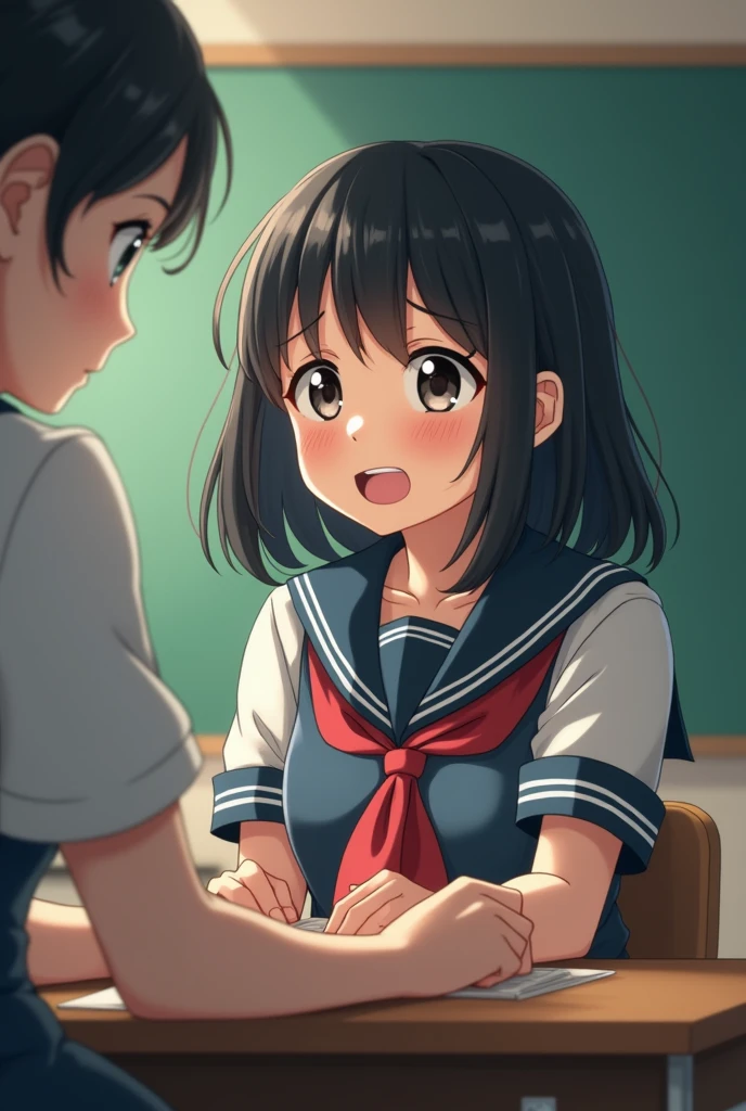 I want a comparison between two images. In the first one there is a black-haired girl in uniform being scolded by her teacher and in the other the same girl in uniform happy.