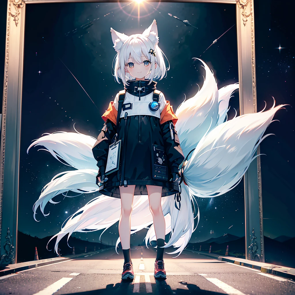 A road in space、A white-haired girl with fox ears is standing at the end of the road, beckoning.、smile、A picture frame floating in space、There is no picture in the frame、Picture frame、At the end of the road is a large picture frame、dark、Nine-Tailed Fox、