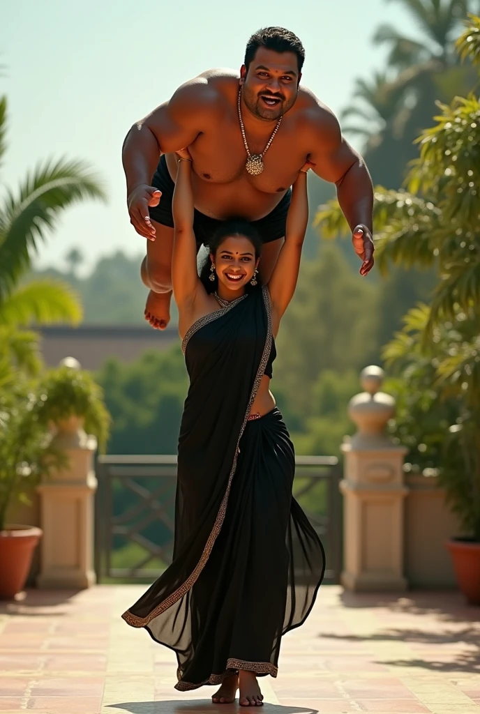 Beautiful Indian woman in black lifting a large chubby man high above her head with her strong arms. Photorealistic. At home terrace, natural smile