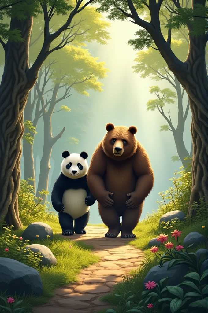 Make a picture of a panda bear and a brown bear walking along a path facing branches and large stones.