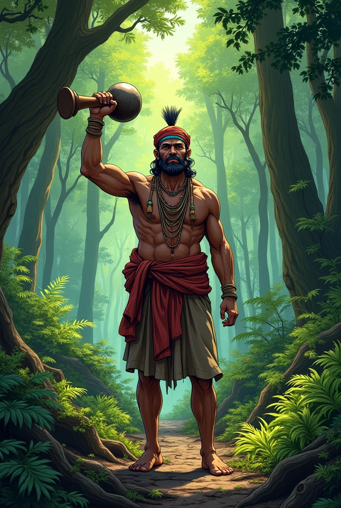 create an image of an Indian with a pestle in his hand for comics in the middle of the forest
