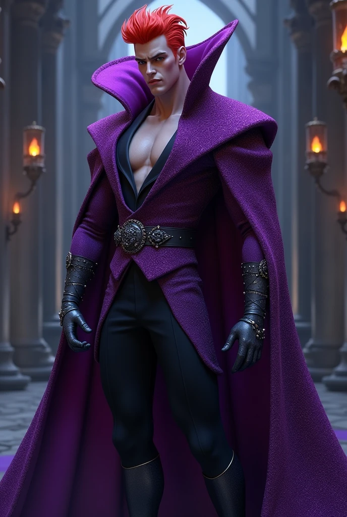 Disney boy villain inspired by Izma and Maleficent with reddish hair and purple clothing with shiny and elegant details that highlight his full-body creativity 