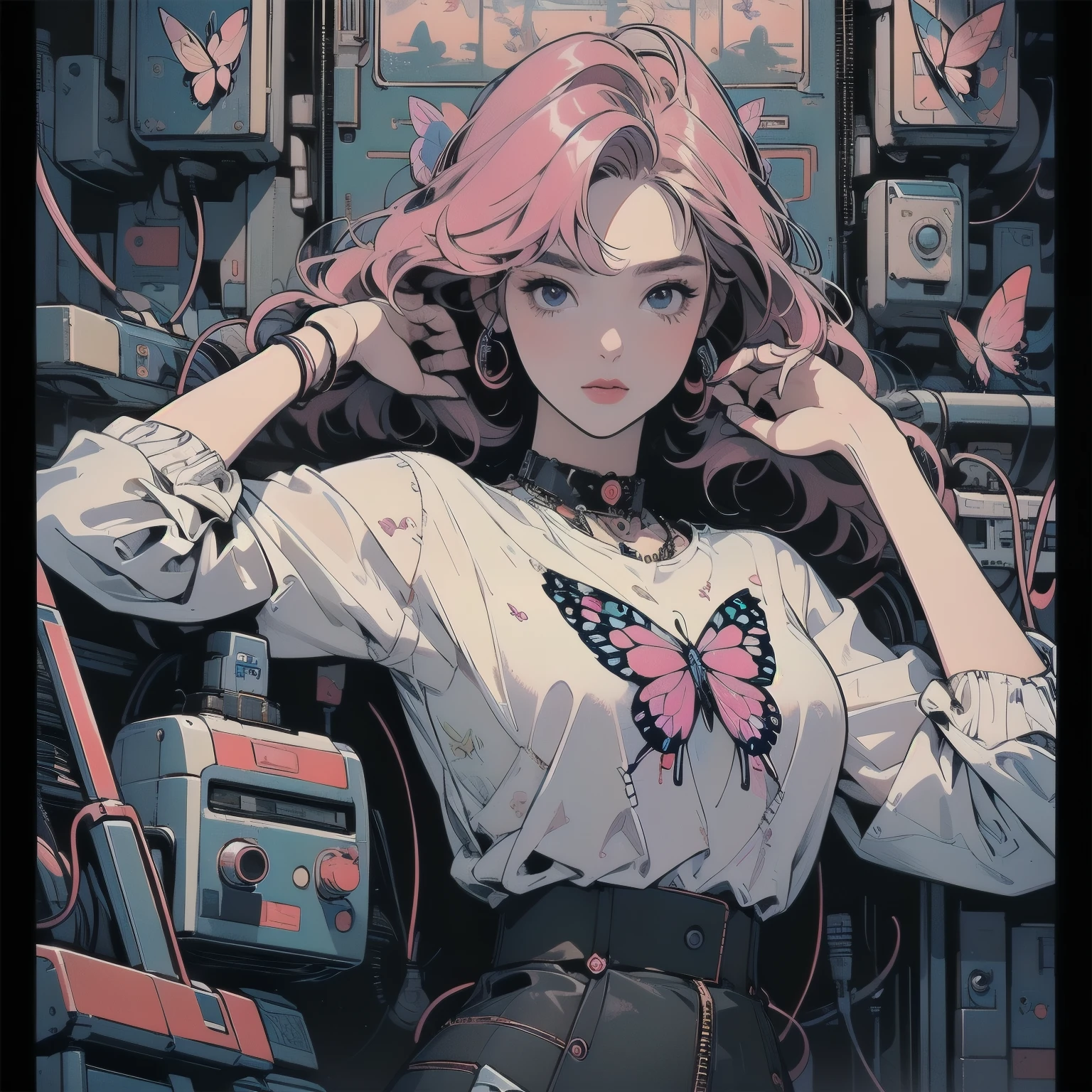 (((masterpiece, Highest quality)))、(((32K Wallpapers)))、The most detailed machine、(((The most complete and detailed red futuristic machine and a woman)))、The most detailed background、(((Flat Chest)))、(((Surrounded by many complex, sophisticated, futuristic machines)))、head shot,((((various pose))))、((Overall colorfully))、A perfect machine、(((Perfect Face)))、(((The most complete machine of the future)))、Detailed Hair、Short sleeve white T-shirt、Colorful hair color、(((Mechanical Butterfly))), (((Lots of cables)))