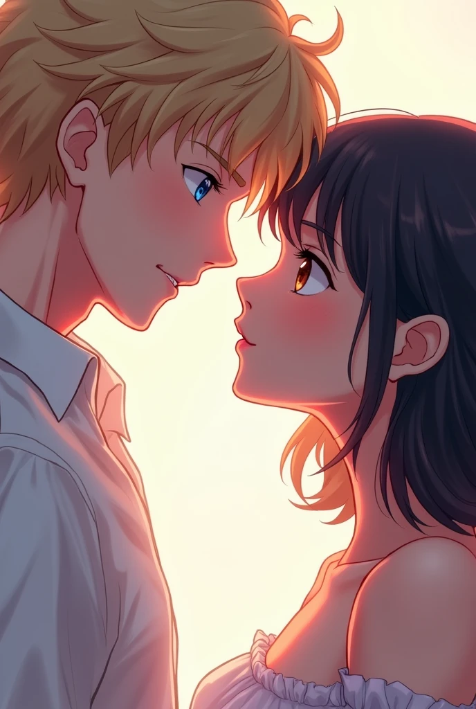 Imagine a cover in pastel tones, I want my protagonists to appear on the cover, looking at each other face to face, straight into the eyes.
A man with blond hair, disordered, tall blue eyes, marked jaw, prominent and masculine features. WITHOUT BEARD A woman with shoulder-length, semi-wavy black hair, dark brown eyes, with fine and elegant features.
BOTH IN ELEGANT CLOTHES In the photograph you can see sexual tension and love between them.
SOFTEN HER LOOK AND CREATE A MORE TENDER FACE