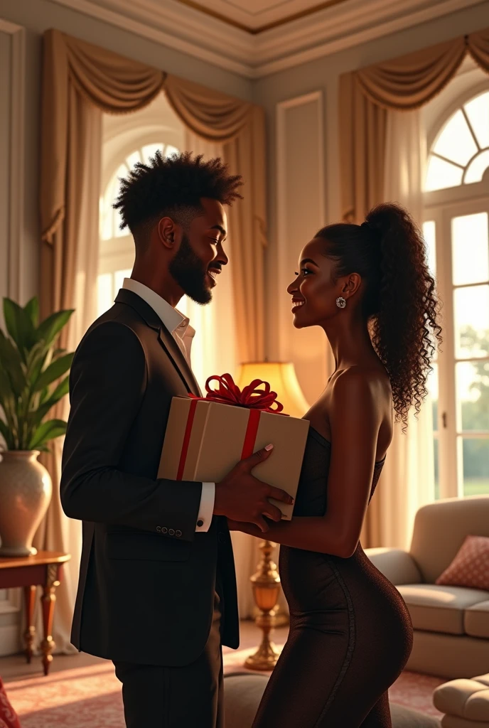 Generate an image where a black young man is holding gifts in a bag joyfully heading towards a very beautiful black woman with curvy body at a luxury big living room with nice interior