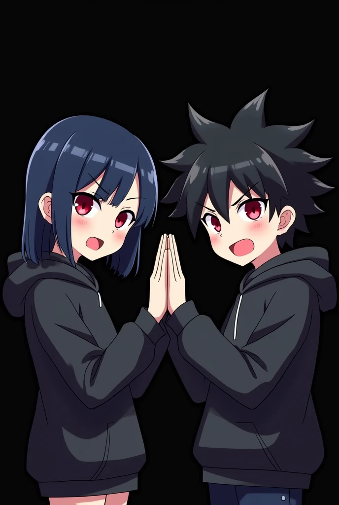 A boy ((( Anime boy , Spiky hair , black hair , black hoodie , blood red eyes , narrowed eye
 ))) , A girl ((( Anime girl , dark blue hair , modern day mullet hair style , black hoodie , red eyes , almond eye
 ))) , black background , chibi , highfive , both faces the camera