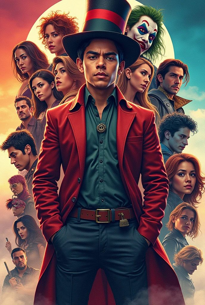 Make a POST Placing ALL the characters below spread across the image, one on top and others below, with Léo Valdez in the middle, Mad Hatter, Cyborg, Joker, Echo (Maya Lopez)
Jason Grace
Leo Valdez
Loki
Nico di Angelo
Piper McLean
Professor Xavier
Reyna Avila
Toph
Thor