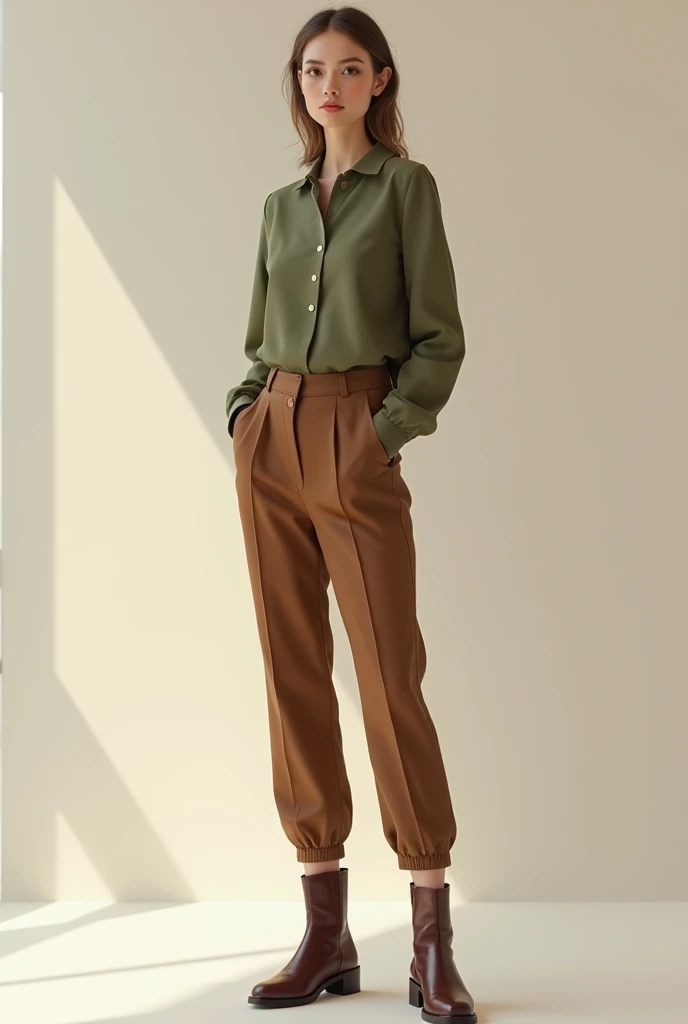 A girl wearing classy outfit,plain olive colour top, brown pant,brown boots