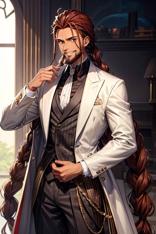 Tall Man, braided hair with loose reddish brown strands, light brown skin, horns similar to those of a goat and that are black,with elegant clothing such as a grey suit, who wears earrings and has a short, elegant beard, in the style of the anime my hero academia, that the man is a little muscular and has a happy expression