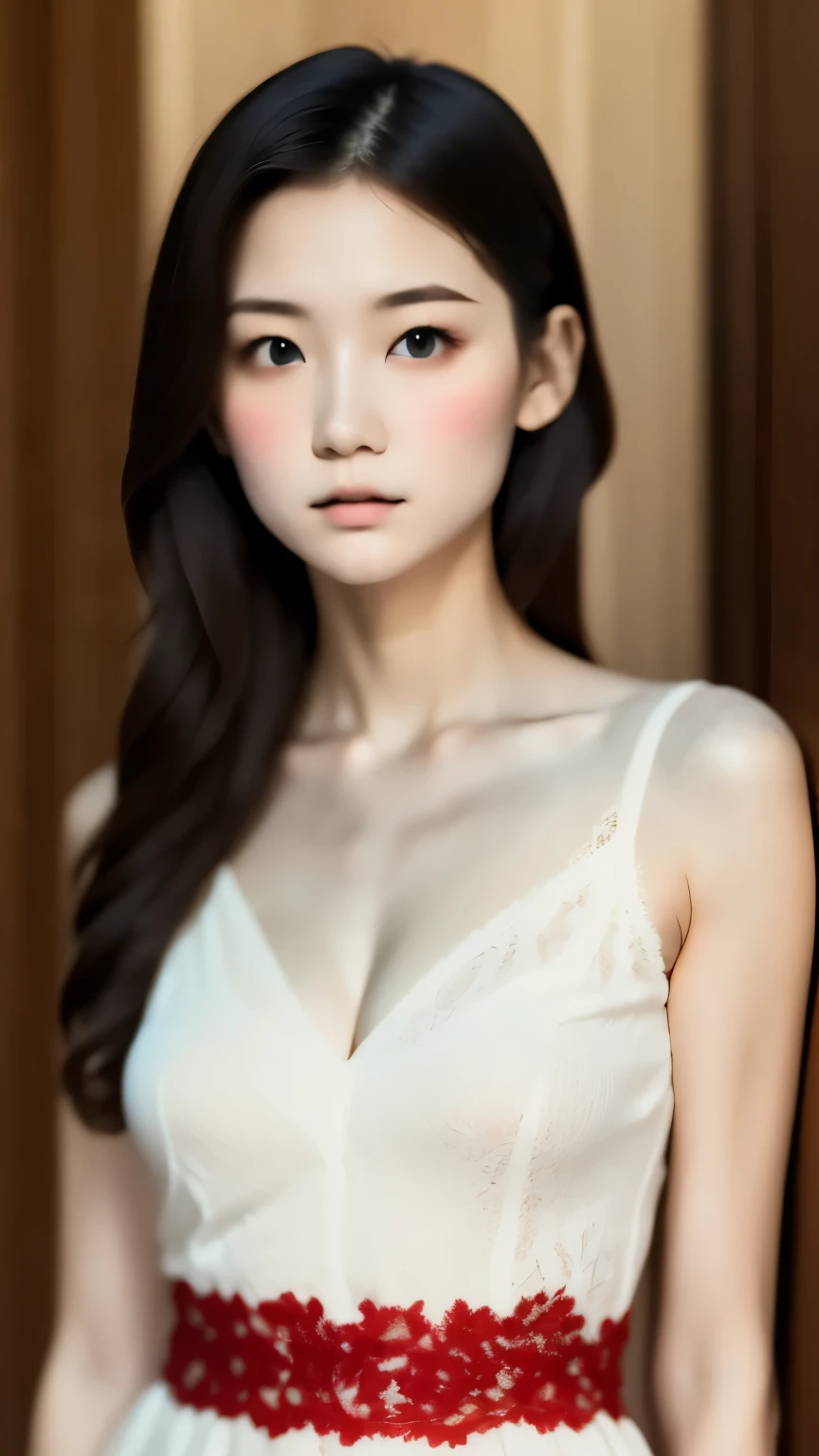 Female Adventurer, whole body, Game Art Style, (masterpiece), Highest quality, High resolution, 4K, 8k, Detail View, Intricate details, Cinema Lighting, Great quality, 1 person、Elegant red and white lace style dress、A red and white line dress made of intricate and artistic lace、Pretty dress、Super Luxury Dresses、Beautiful black hair, Great Shade, Soft lighting, To the camera, Perfect Eyes