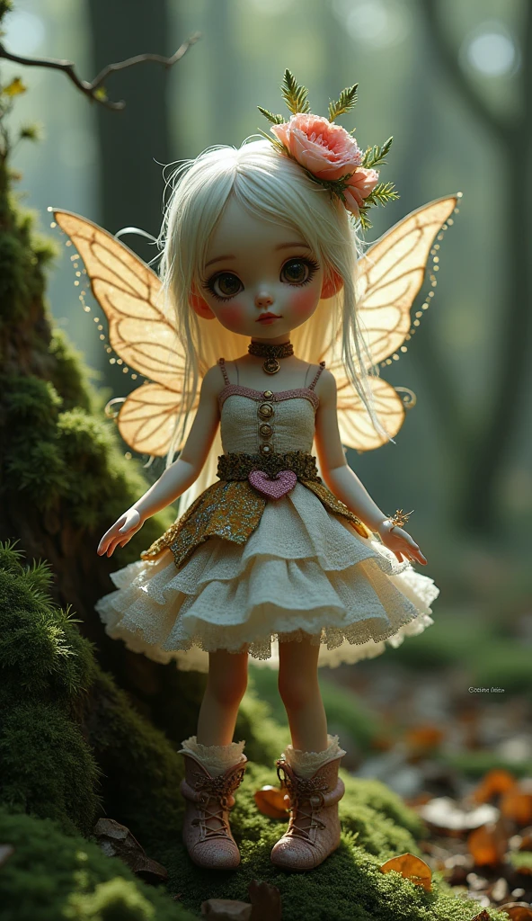 A doll-like fairy figurine in a dynamic pose, wearing layered fairy grunge clothes with patchwork details, velvet choker, and lace gloves. The figurine is positioned near a moss-covered tree trunk in an enchanted forest. The background is kept clear with sharp details to enhance the contrast between the doll and its surroundings, highlighting the textures of the fabrics in high resolution. Created Using: wide-angle lens, soft morning light, high-resolution fabric details, surreal aesthetic, magical realism, vibrant color contrast, inspired by high-fashion editorials