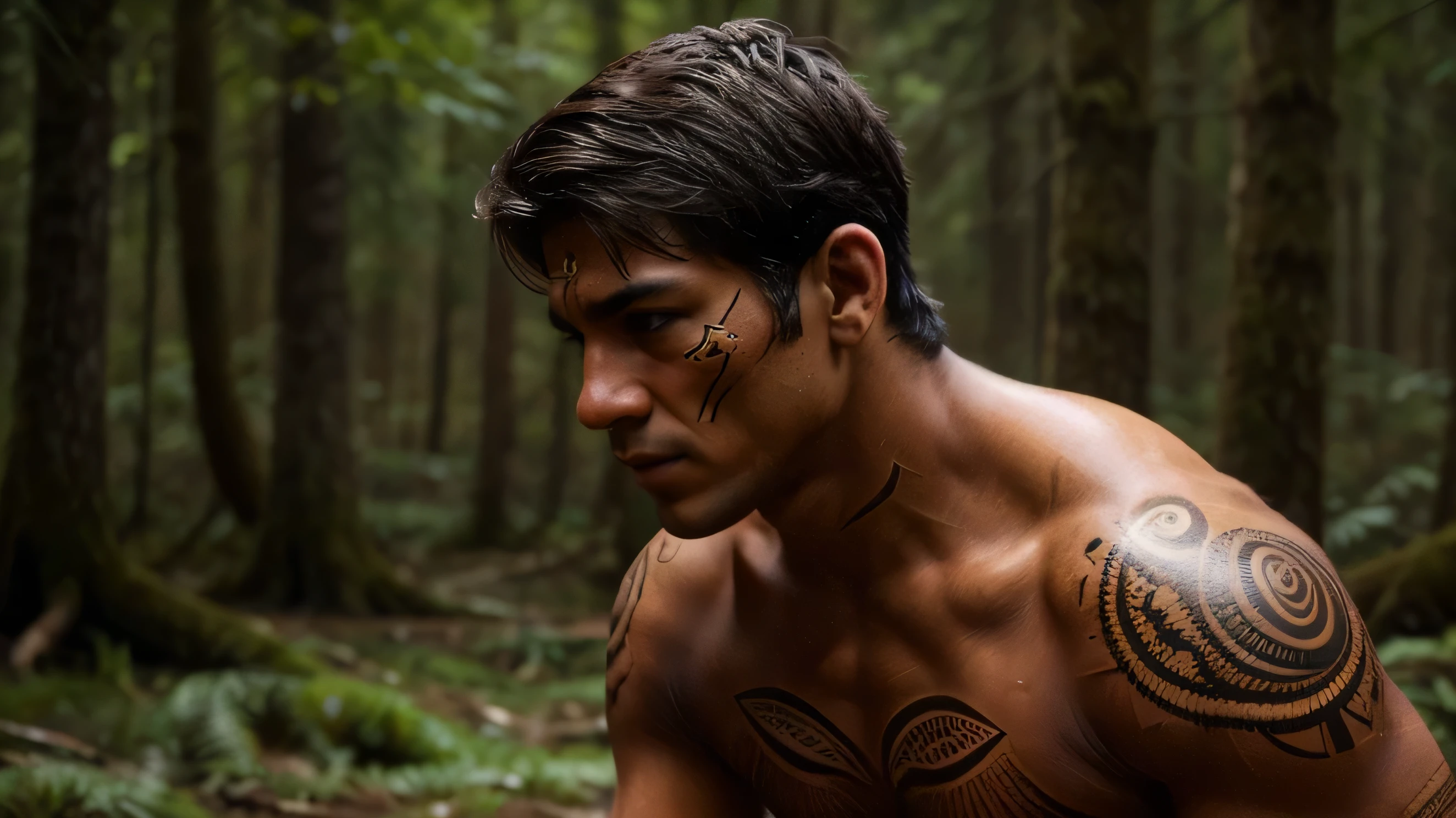 Create an ultra-realistic scene depicting male indigenous individuals actively engaged in a hunting ritual, focusing on traditional body paintings. Use Character Repair to perfect the facial features and body details of the male characters, ensuring they are smooth, lifelike, and free of imperfections. The scene should show the men hunting animals using primitive weapons, such as spears and bows, with culturally significant body paint patterns visible. The body paint should be applied in a way that reflects cultural traditions respectfully. The setting should be a dense forest with natural, soft lighting that highlights the seriousness and focus of the hunt. Use a dark color palette with deep earth tones to emphasize the cultural and ceremonial aspects, avoiding any form of sensualization.