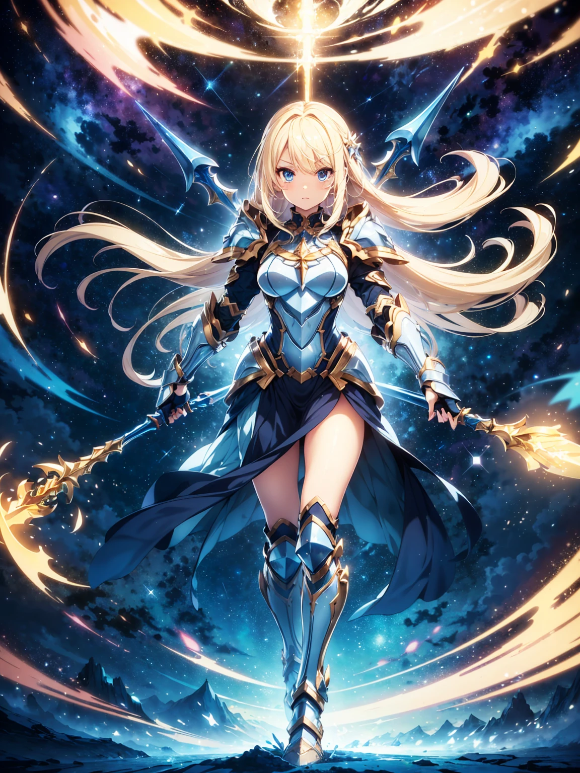 (((Masterpiece, best quality, 16k))) female character with long blonde hair and bright blue eyes. She wears a celestial armor in white, gold, and blue. wields a divine spear. The character has a determined expression, with a heavenly realm as the background. ((full body front view)). ((slender)), (extremely detailed:1.5), (long blonde hair:1.2), (bright blue eyes:1.2), (heavenly realm:1.1), (celestial armor:1.3), (divine spear:1.3).