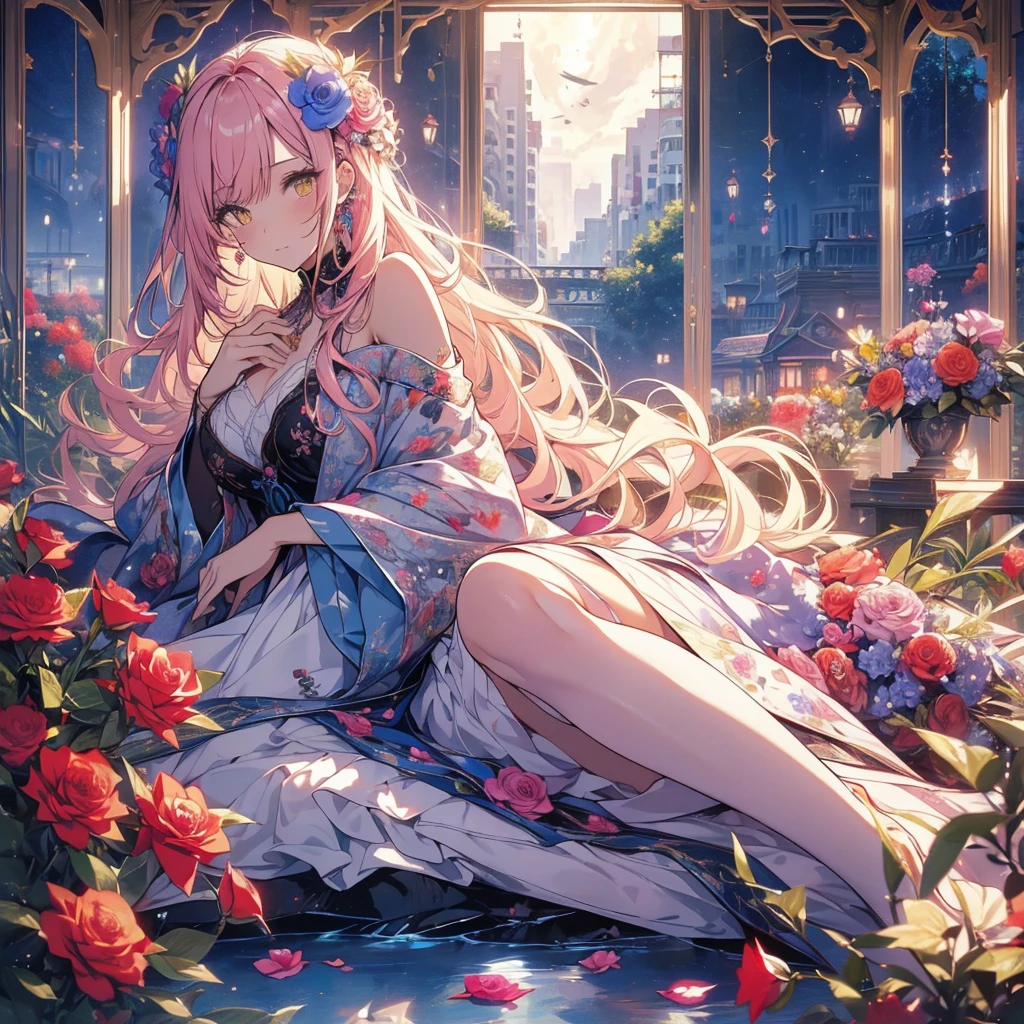 8k, (masterpiece, Absurd quality, Highest quality, Official Art, beautifully、aesthetic:1.2), Professional, Bright colors, Soft lighting, beautiful really long Moneyen pink haired woman, Curtain Fringe, Yellow Eyes, Lying in the flower bed, ((Lying down)), Gazing at the sky, Highest quality, beautifully流れるような不透明な白いドレス, goddess, Feminine pose, Complete background, ((silk)), (Flowers, rose), Detailed Background, Vision, Money, Shine, Rainbow Dress, gem, window, blue sky, cloud, city, whole body