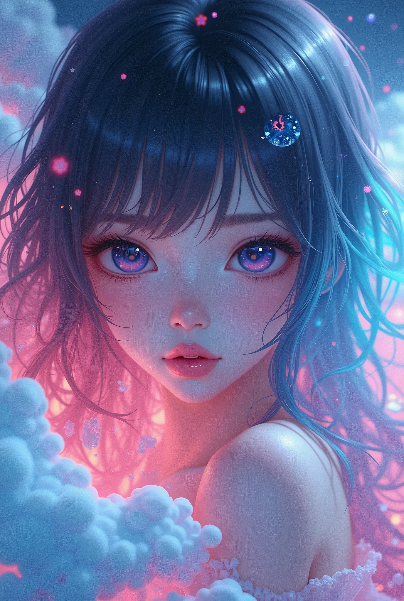(Japanese girl:1.3), beautiful detailed eyes, beautiful detailed lips, extremely detailed eyes and face, long eyelashes, upper body, from side, looking at viewer, (fractal art:1.3), (rainbow color hair, colorful hair, half blue and half pink hair:1.2), water, liquid, cloud, colorful, starry, stars, (best quality, 4k, 8k, highres, masterpiece:1.2), ultra-detailed, (realistic, photorealistic, photo-realistic:1.37), vibrant colors, studio lighting, extremely detailed description, professional, concept art