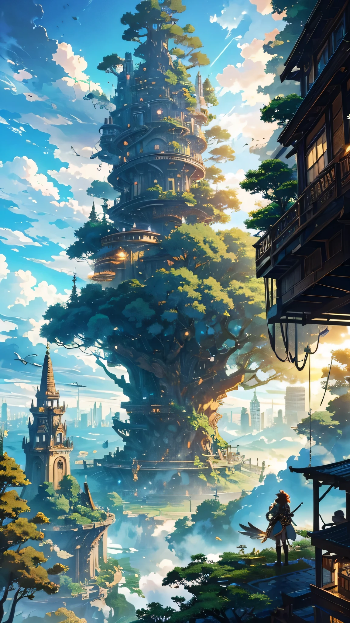 Imagine a sprawling city built on top of giant, ancient trees that pierce the clouds. Anime characters with flowing clothes and steampunk-inspired gadgets could be soaring between the trees on fantastical flying creatures.