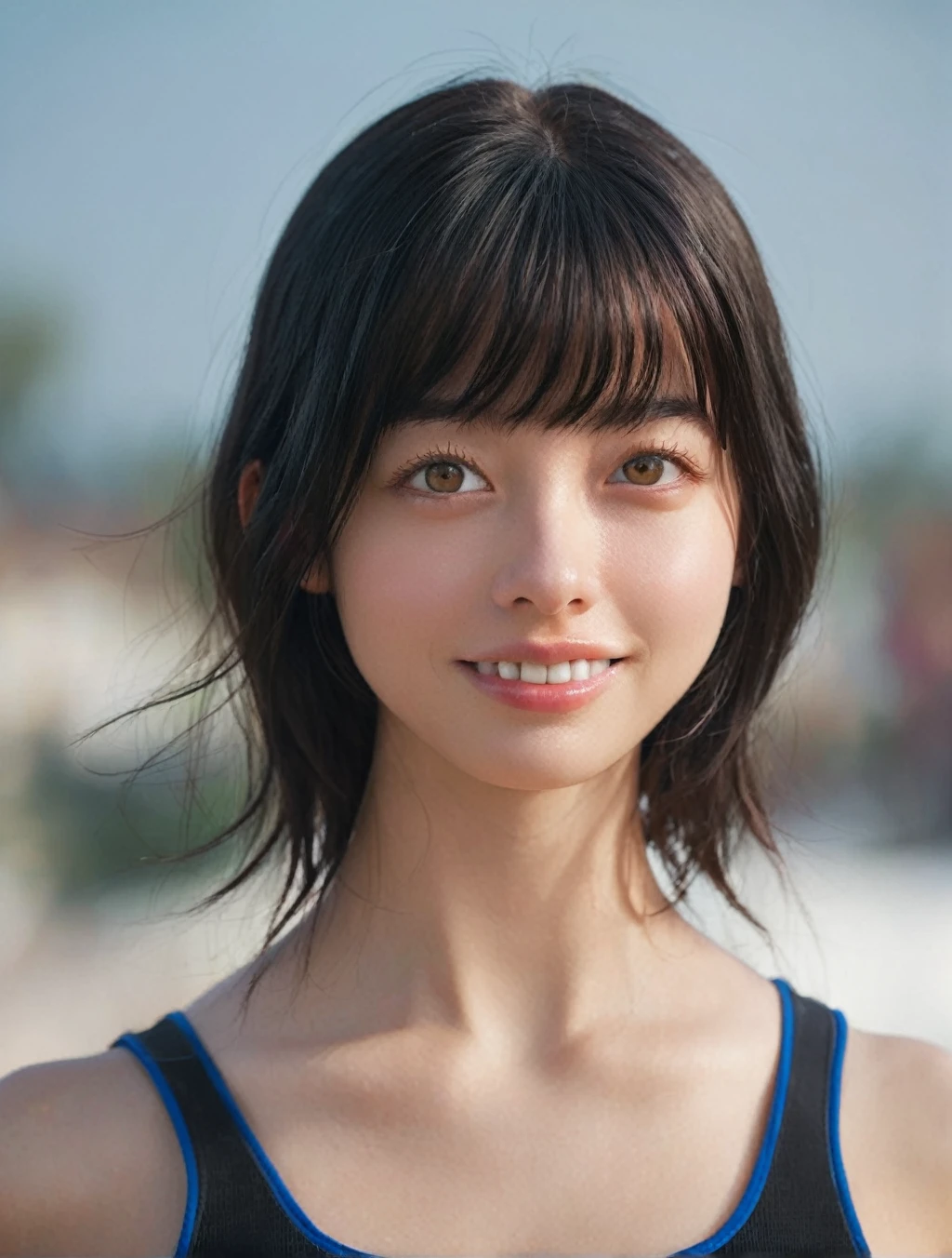 One person,(RAW Photos, Highest quality), (Realistic, photo-Realistic:1.4), masterpiece, Very delicate and beautiful, Very detailed, 2k wallpaper, wonderful, In detail, Very detailed CG unity 8k wallpaper, Very detailed, High resolution, Hard Light, Beautiful detailed, Very detailed eyes and face, Beautifully detailed nose, Beautiful attention to detail,Cinema Lighting, Gymnasium Volleyball Uniform, (Black Hair),(With bangs)