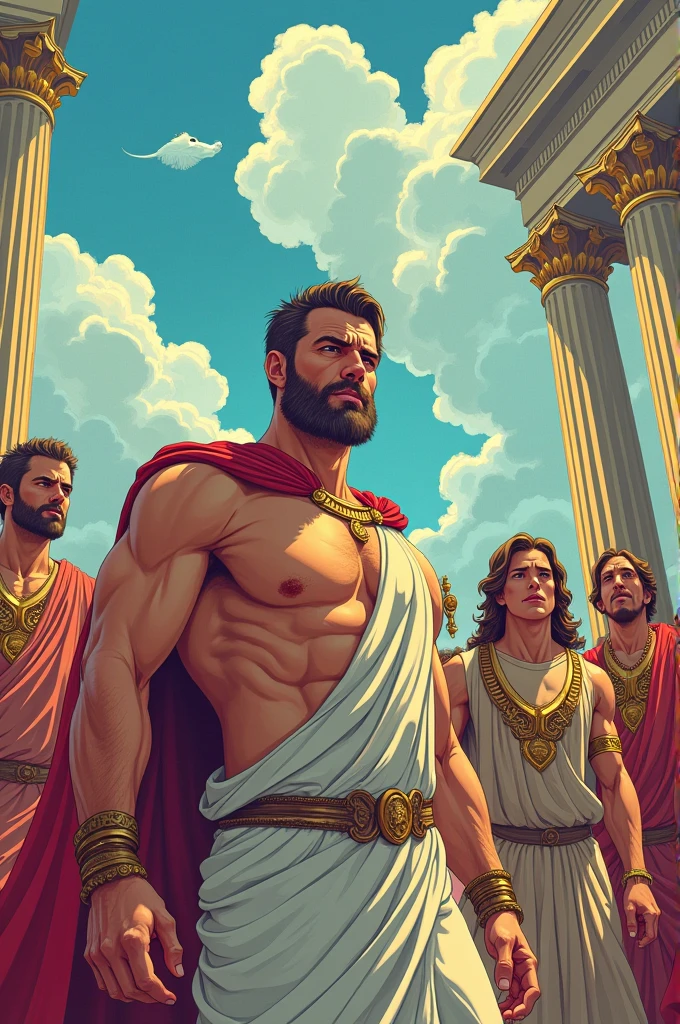 Theseus asks the gods for the death of Hippolytus, make it cartoon