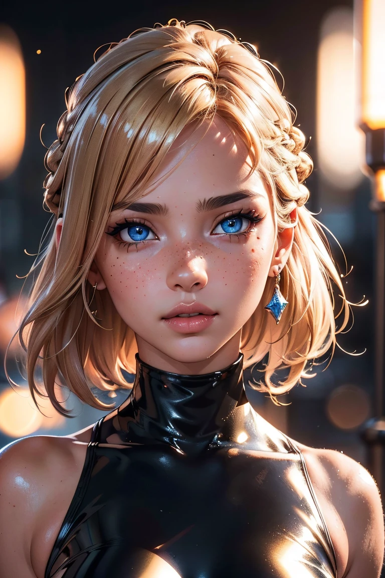 (UHD, retina, masterpiece, award-winning, accurate, anatomically correct, textured skin, super detail, high details, high quality, best quality, high res, 1080P, HD, 4K, 8k, 16k, 32k), hyper realistic, (bright studio lighting), (beautiful detailed blue eyes, beautiful detailed lips, extremely detailed eyes and face), sexy pouty lips, (physically-based rendering), vivid colors, (large breasts), ((sexy bodycon club dress)), hourglass body shape, (slim waist), wide hips, arousing curves, (medium closeup shot, portrait, shiny strawberry-blonde French braid, side wept bangs, shiny skin, blush), (bokeh), eye reflection, blurred background, ultra detailed skin texture, extreme details, dark tanned skin, freckles, soft lights, sexy pose, provocative posture, (perfecteyes)