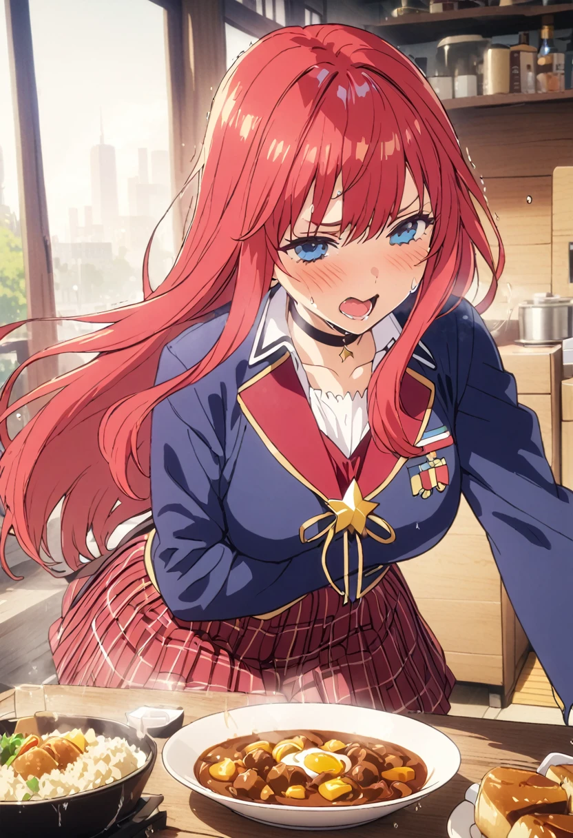 (Highest quality, 4K, 8k, High resolution, masterpiece:1.2), Very detailed, Picturesque, Animated Photography, Photo Animation:1.37)、Japanese schoolgirl、(Red Hair)、(Medium Long Hair)、star hair ornamentuniform、White shirt、Yellow-green checkered skirt、(((Navy blue jacket)))、Curry is a drink、Black choker、storehouse、Ecstasy face、Sweat、Are crying、vapour、trembling、Nakano May