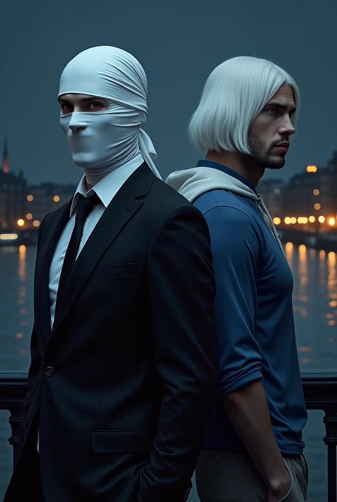 The background of the Seine and at night on the left there is a man who has on his head a white fabric falling towards the back of his head covering his entire face he has a black suit with a black tie a white shirt on the right of the image a masculine man back to back to the first character we have a character with a white bob, white hood hiding his face ,une chemise bleue il possède