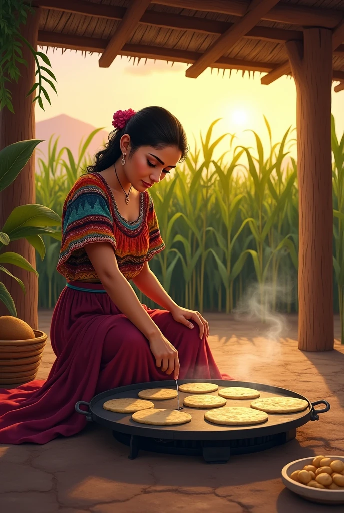Mexican woman making tortillas on a comal on the floor under a shed, in the background you can see a corn crop and a sunset
