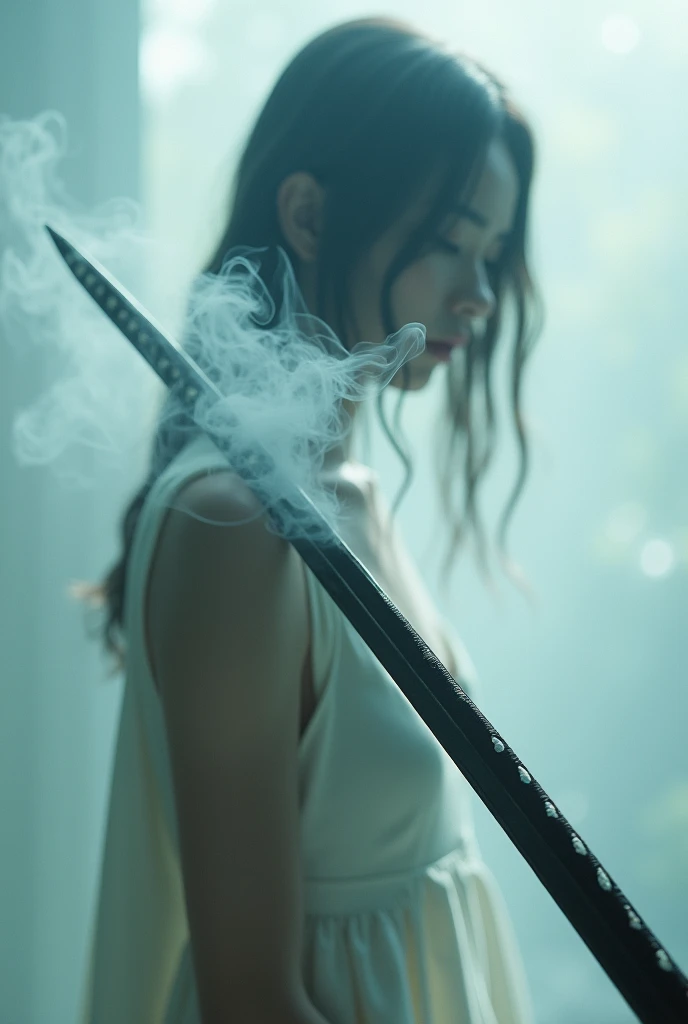 editorial photography,super detailed background,Super realistic,double exposure,depth of field,beauty super slender skinny vides,soft focus pure tone,narrative scene,White smoke rises from the blade of a long Japanese sword,girl beyond,
