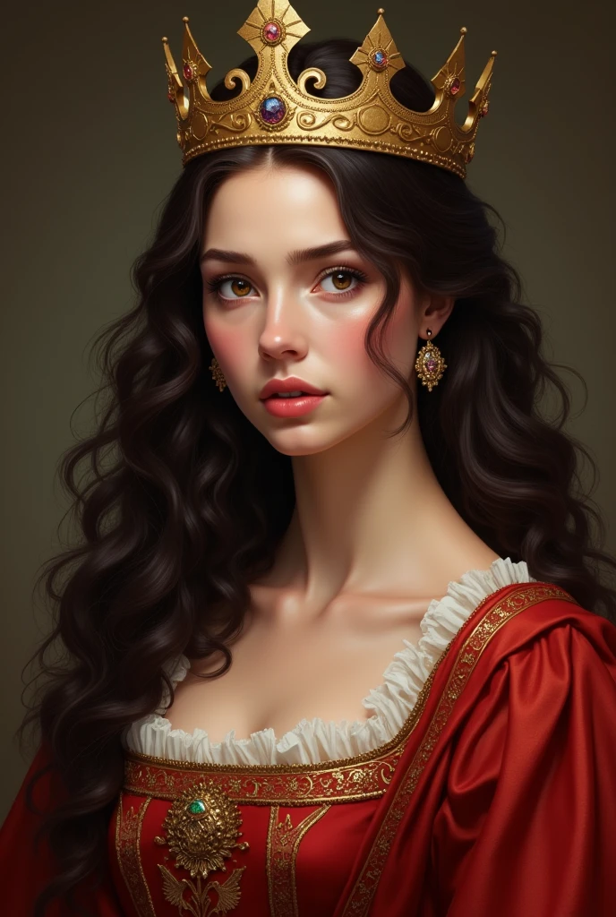 In the style of realism, create one with long and voluminous dark brown curly hair, with dark brown eyes and a slightly worried expression. Your eyebrows are full and your lips are small and full.. She has slightly tanned white skin. She is wearing a red medieval style dress., and on his head he has a golden crown studded with stones. She appears to have . Draw her full body.