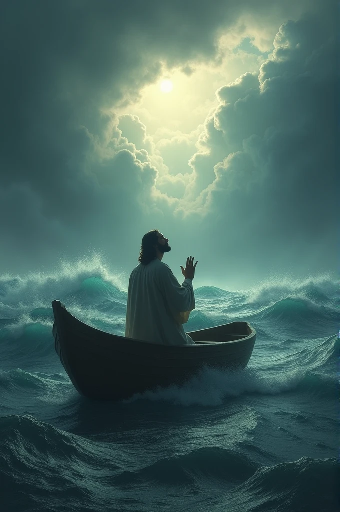 Jesus praying on a boat in the middle of a storm