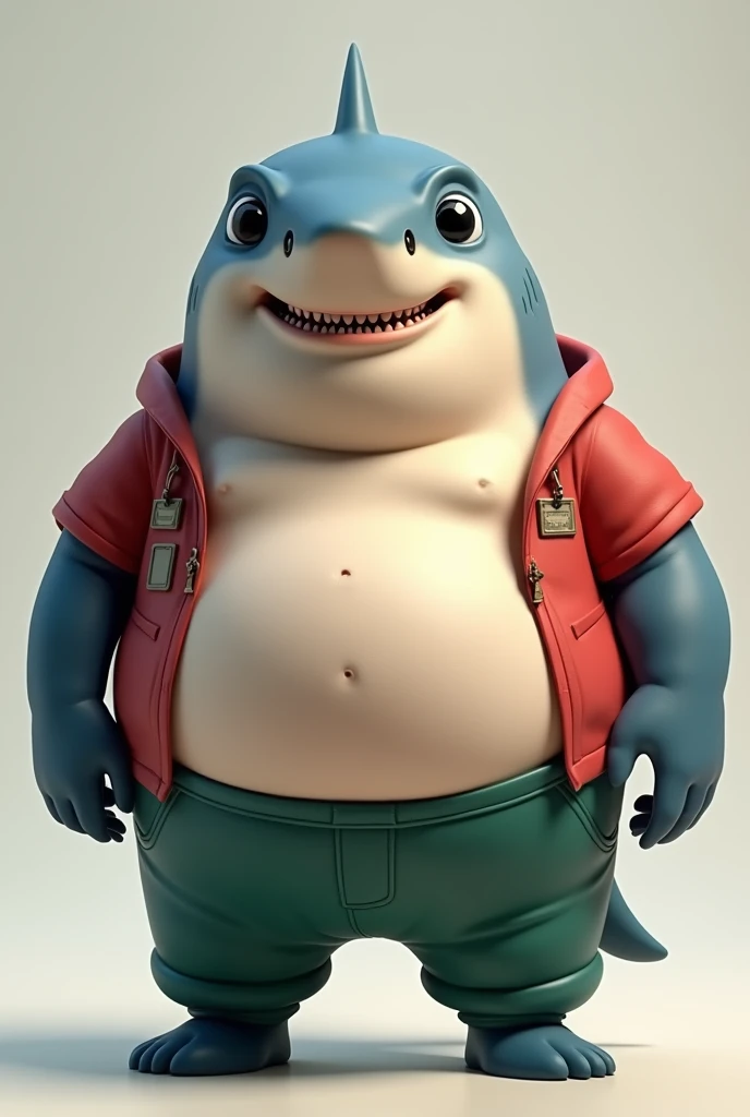Mr. Shark, chubby, gordo, stomach, black eyes, (pose:1.3), (Posing:1.3), (Soft shading), 4k, anything, Five fingers, detailed hands, ((detailed face, (detailed eyes:1.0), detailed)), (Whole body), por zackary911, by zaush, (by personals:0.5), looking at the viewer, shirt, 1 chico, jacket, male focus, open clothing, pants, red shirt, identification plates, green pants, Giant head, Big head, Big head, penis without clothes