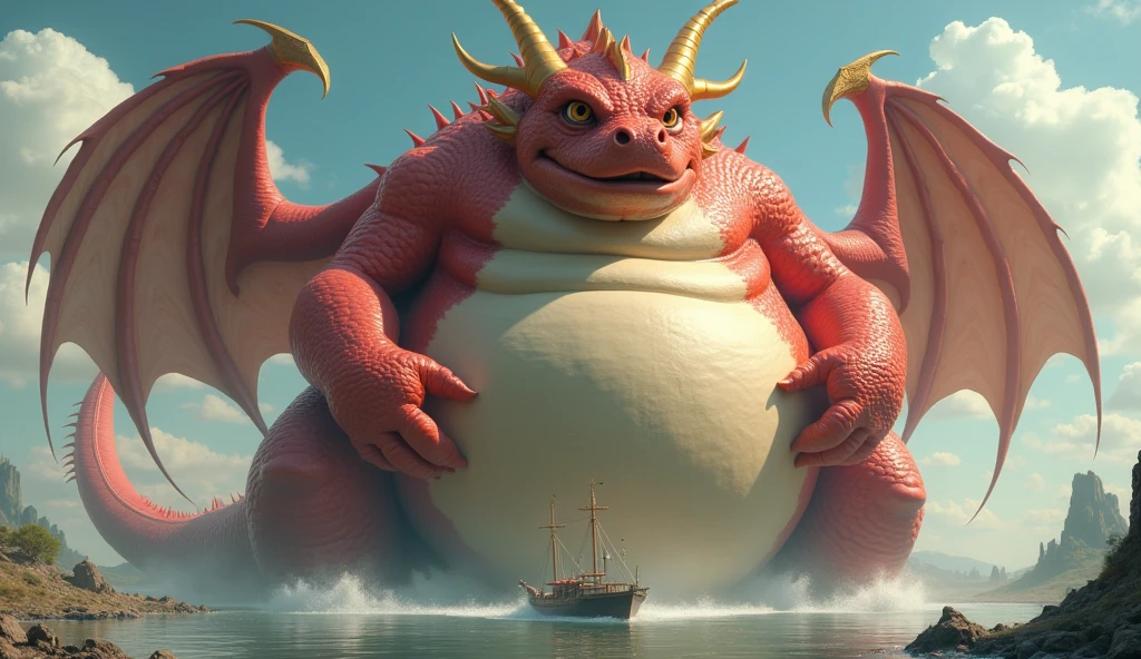 He is a red dragon, Cool, It has golden horns, Wings with hands, The world's most super tall and extremely obese dragon, So that the boat touches the ground, Its size is larger than a planet., It has wings and uses various magic. It is fatter and its facial features are so thick that it is bigger than its face, and its belly is swollen like a balloon that is about to burst. The dragon uses various magics and its belly is swollen several times more than its size, making it distracting.!!! His belly is bigger than his body. His belly touches the ground and his body is long. He is 10 heads tall. He is alone. He is so fat that everything else looks small compared to his belly fat.