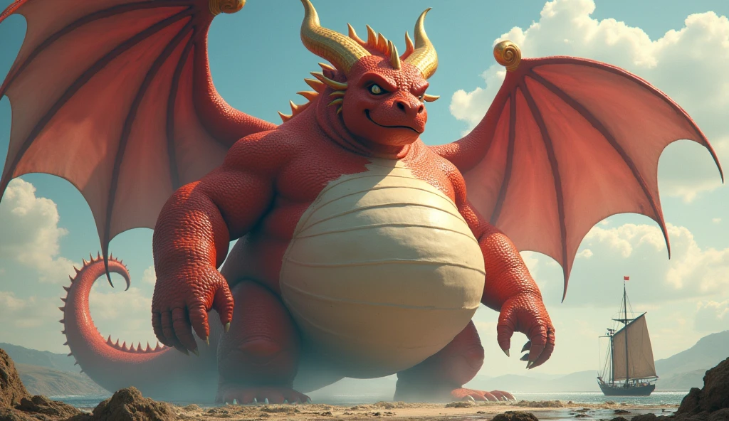 He is a red dragon, Cool, It has golden horns, Wings with hands, The world's most super tall and extremely obese dragon, So that the boat touches the ground, Its size is larger than a planet., It has wings and uses various magic. It is fatter and its facial features are so thick that it is bigger than its face, and its belly is swollen like a balloon that is about to burst. The dragon uses various magics and its belly is swollen several times more than its size, making it distracting.!!! His belly is bigger than his body. His belly touches the ground and his body is long. He is 10 heads tall. He is alone. He is so fat that everything else looks small compared to his belly fat.