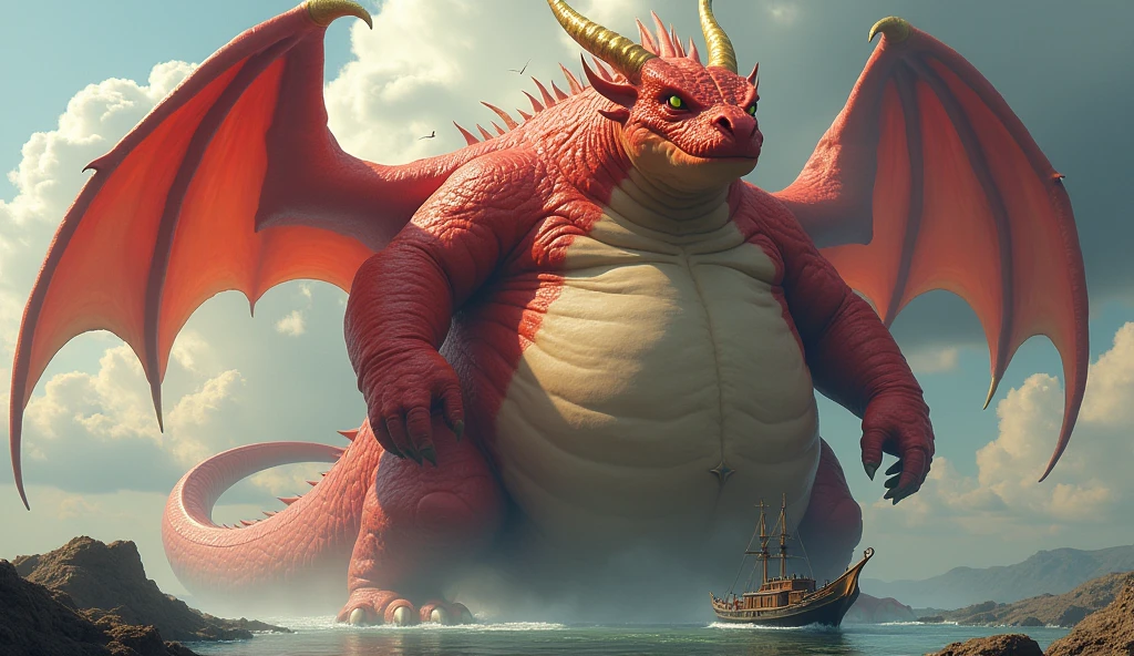 He is a red dragon, Cool, It has golden horns, Wings with hands, The world's most super tall and extremely obese dragon, So that the boat touches the ground, Its size is larger than a planet., It has wings and uses various magic. It is fatter and its facial features are so thick that it is bigger than its face, and its belly is swollen like a balloon that is about to burst. The dragon uses various magics and its belly is swollen several times more than its size, making it distracting.!!! His belly is bigger than his body. His belly touches the ground and his body is long. He is 10 heads tall. He is alone. He is so fat that everything else looks small compared to his belly fat.