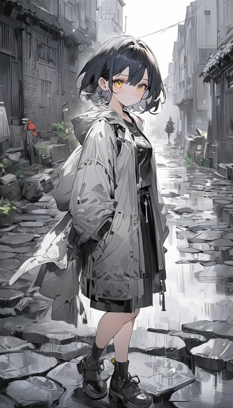 (anime style: 1.4), soft painterly touches, High resolution, Attention to details, high quality, 4k, 8K, stone road, after the rain, anime girl, yellow eyes, short hair, dark blue hair, clothing adventurer, gray scale color effect, full body, ruined Celtic city background