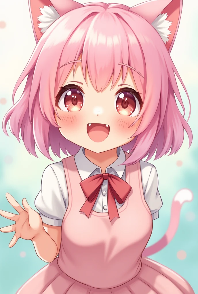 Create a 2d image of a cute anime girl smiling with pastel pink hair all excited with cat ears