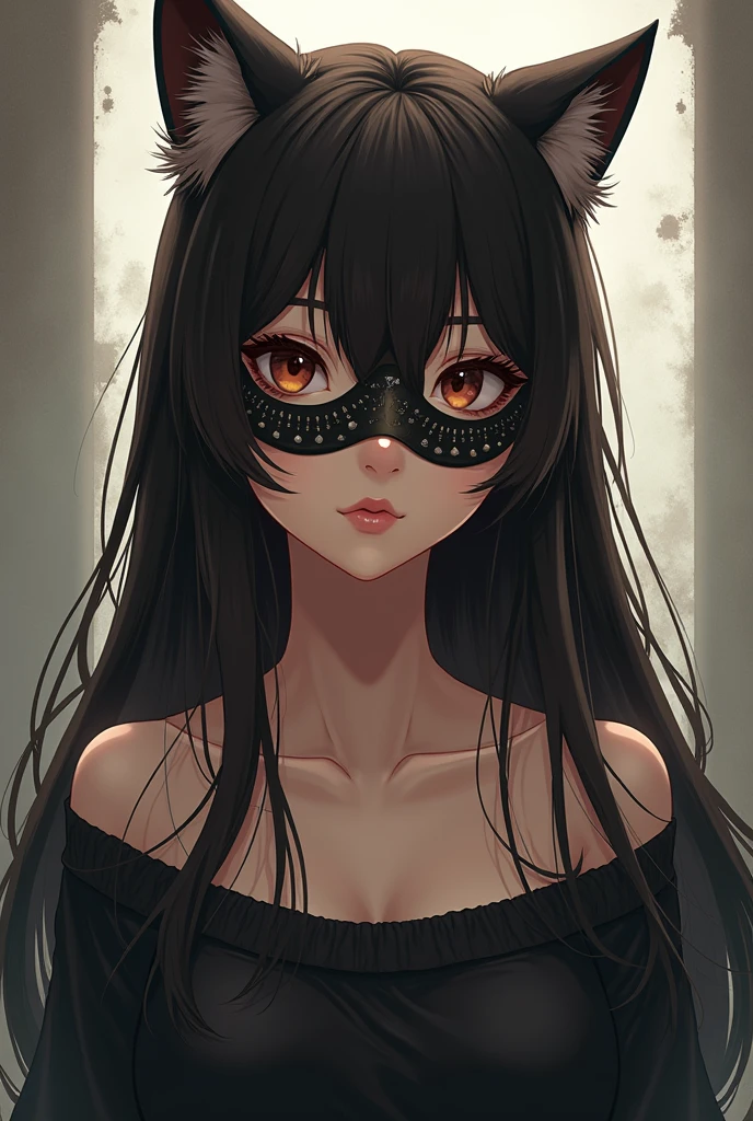 Sexy anime girl with cat mask, long dark brown hair, a little chubby