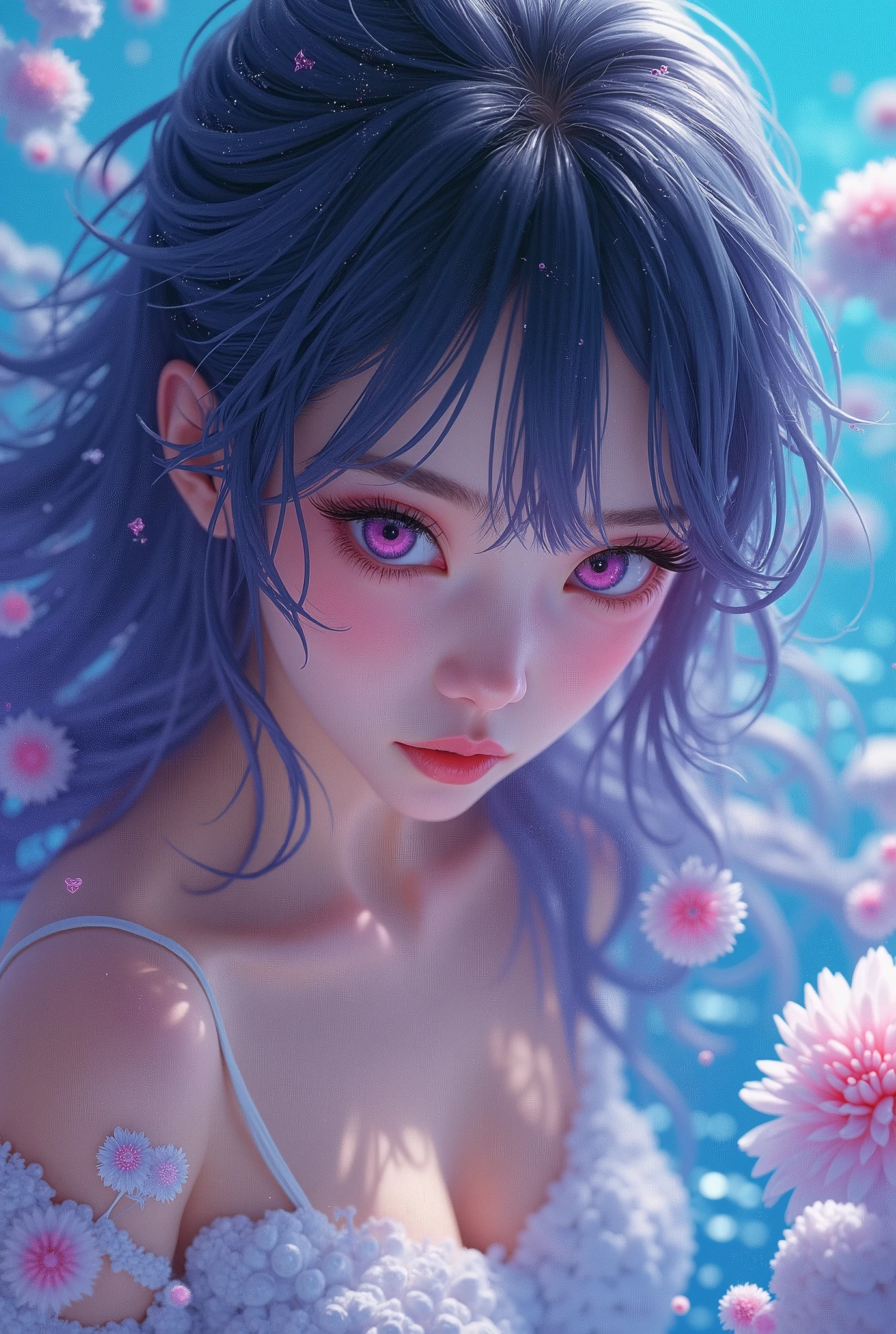 (Japanese girl:1.3), beautiful detailed eyes, beautiful detailed lips, extremely detailed eyes and face, long eyelashes, upper body, from side, looking at viewer, (fractal art:1.3), (rainbow color hair, colorful hair, half blue and half pink hair:1.2), water, liquid, cloud, colorful, starry, stars, (best quality, 4k, 8k, highres, masterpiece:1.2), ultra-detailed, (realistic, photorealistic, photo-realistic:1.37), vibrant colors, studio lighting, extremely detailed description, professional, concept art