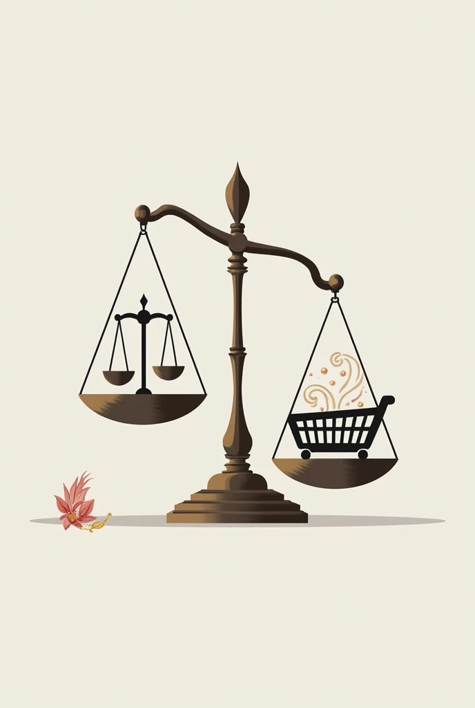 A scale with symbols of justice, freedom and culture on one side, and a shopping basket on the other, symbolizing how these values influence consumer decisions using the LGBT community as an example