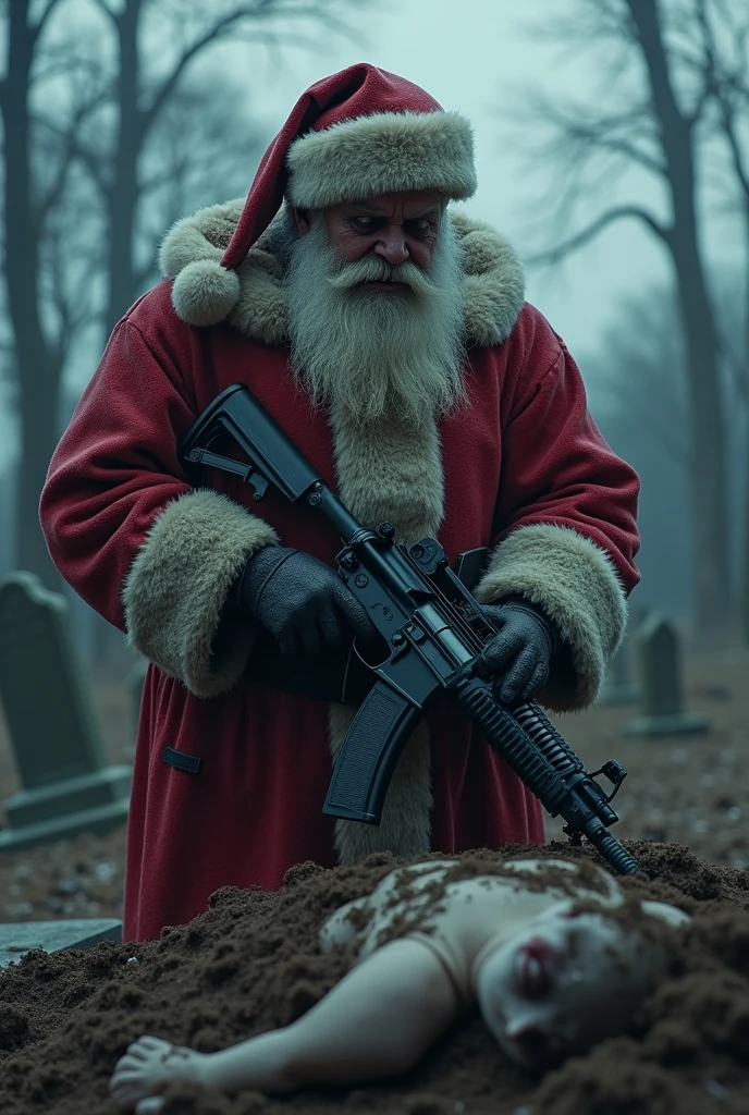 Create a Santa Claus with an ak in his hand and in a cemetery burying a person