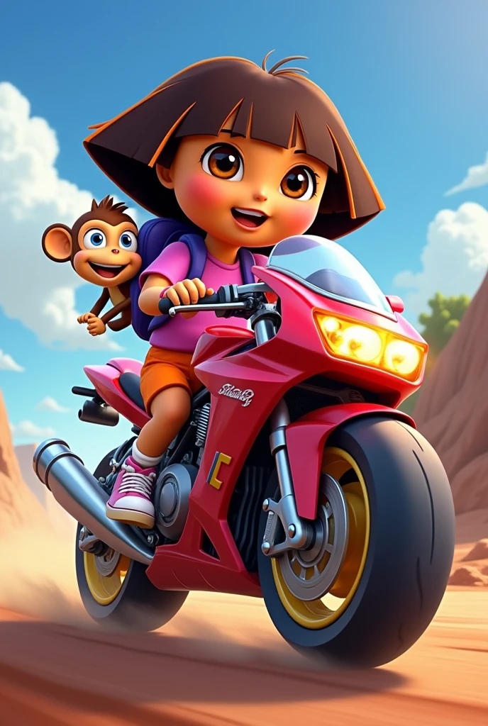 Dora and Boots on a sleek, colorful superbike. Dora, with her iconic purple backpack and orange shorts, is sitting confidently on the bike, while Boots, the playful monkey, is perched behind her, holding onto her waist.