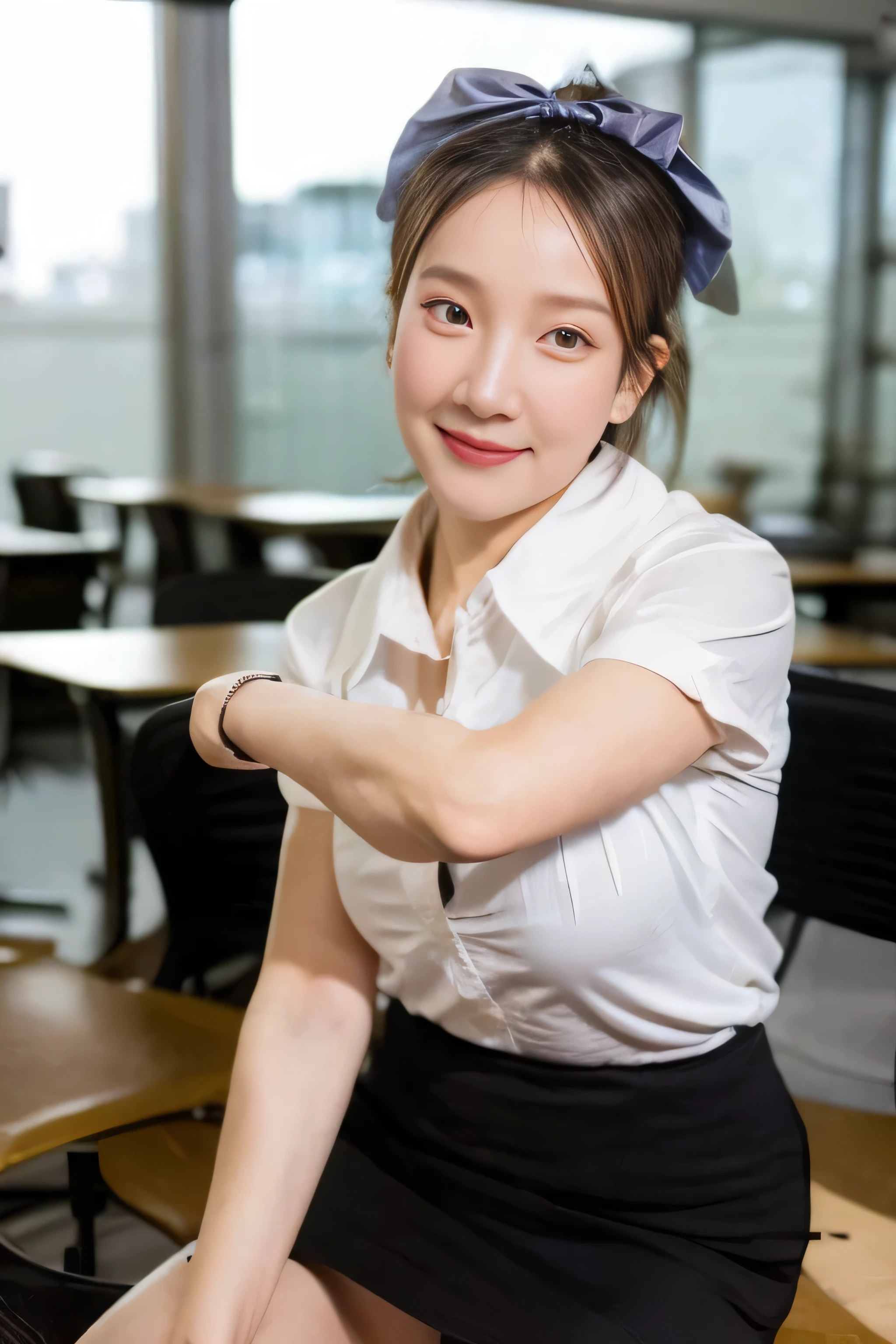 Close up,1 girl{{A beautiful woman wearing a white short-sleeved shirt and a short black pencil skirt}} ,( hair tied with a bow), sitting, sexy pose.  with several lecture tables set up behind it  There is a sliding glass window.  There was evening light streaming into the room.