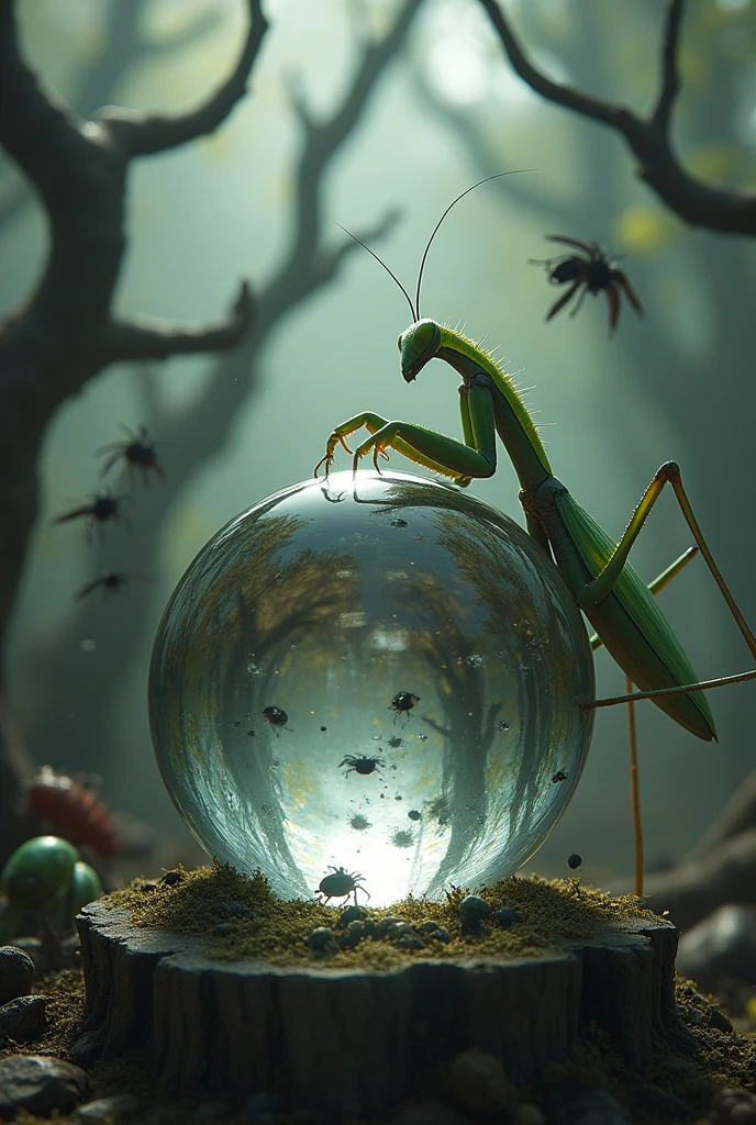 Praying mantis appreciating its reflection in a crystal ball, while around it there are bugs and ugly branches