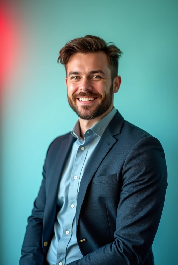 The man is positioned against aqua colour backdrop with a subtle red lighting on the left side. and he posing for LinkedIn profile