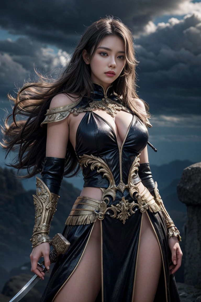 High-resolution, fantasy-themed portrait of a woman dressed as a warrior. The layout is vertical, focusing on the subject from the waist up. She has long, wavy blonde hair that flows freely, and her face is adorned with intricate black tribal tattoos. Her skin is fair, and she has a determined expression. She is wearing a detailed, dark-colored armor with fur accents on the shoulders and arms, and she holds a large, ornate sword with both hands, the blade inscribed with the text 'Eternal Night' in a stylized font. The background is a cloudy sky, adding to the dramatic and epic atmosphere of the image.