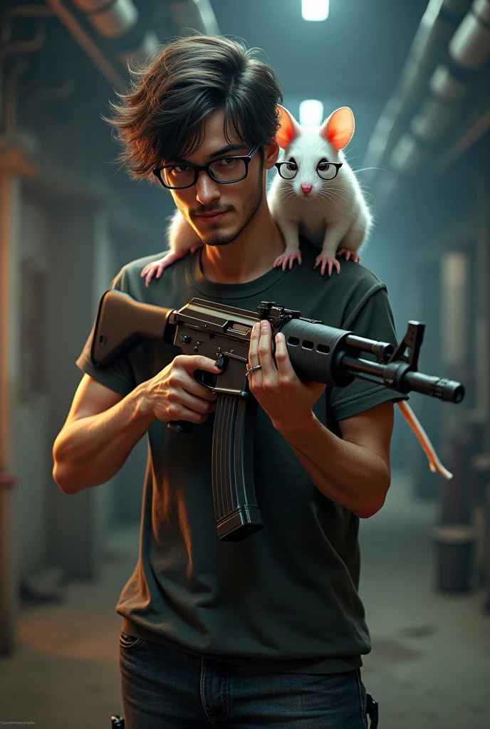 create an image containing a male and white rat holding an ak-47 rifle with nerd glasses who likes cigarettes and also Counter Strike Global Offensive