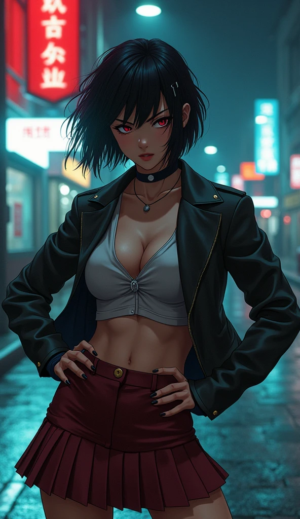 Create a live-action depiction of a female version of Yuusuke Urameshi. She has short, messy black hair and fierce, determined eyes. Her outfit is a modernized, revealing version of her school uniform, featuring a tight-fitting, deep V-neck shirt that accentuates her large chest, paired with a cropped jacket and high-waisted skirt. She has a confident and rebellious expression, with a feminine version of her spirit gun pose.
	•	Background: A realistic, urban street scene at night in a gritty city, with neon lights reflecting off the wet pavement.
