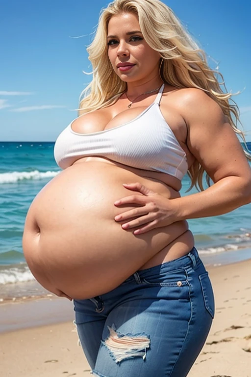 American woman, long wavy blonde hair, is wearing jean shorts and a white crop top, prominent belly, pregnant, fat belly, very big belly and has a large bust, and wide hips, is on the beach.