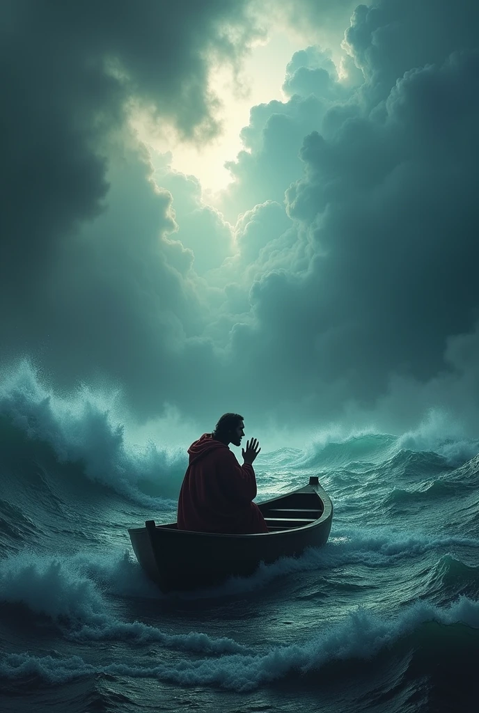 Jesus praying on a boat in the middle of a storm