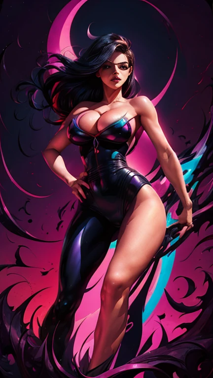 1girl,Latina, Adult Model Daisy Marie,cel shading,bold outlines,flat colors,sharp shadows,graphic style,(manga influence),clean linework,(striking visuals),multicolored background