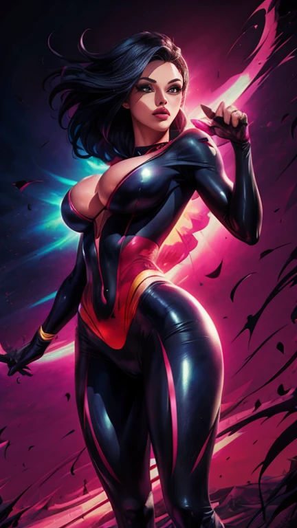 1girl,Latina, Adult Model Daisy Marie,cel shading,bold outlines,flat colors,sharp shadows,graphic style,(manga influence),clean linework,(striking visuals),multicolored background
